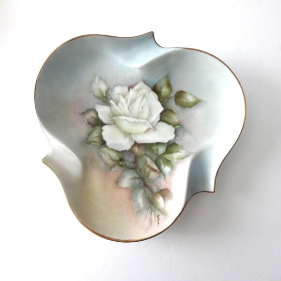 Vintage Decorative Porcelain Dish Hand Painted by Helen Hale White Rose - Picture 1 of 6
